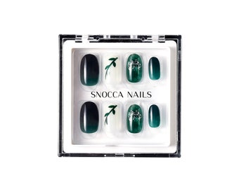 Ultra Fit 42 pcs Reusable Press On Nails Short Round | Press On Nails set | Fake Nail Box | Medium Length Ready To Ship Crystal Leaf Green