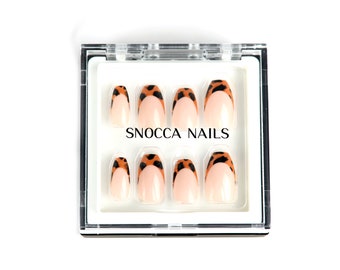French Press On Nails Short Coffin| Press On Nails set With Glue | Fake Nail Box | Medium Length Ready To Ship French Nails Leopard