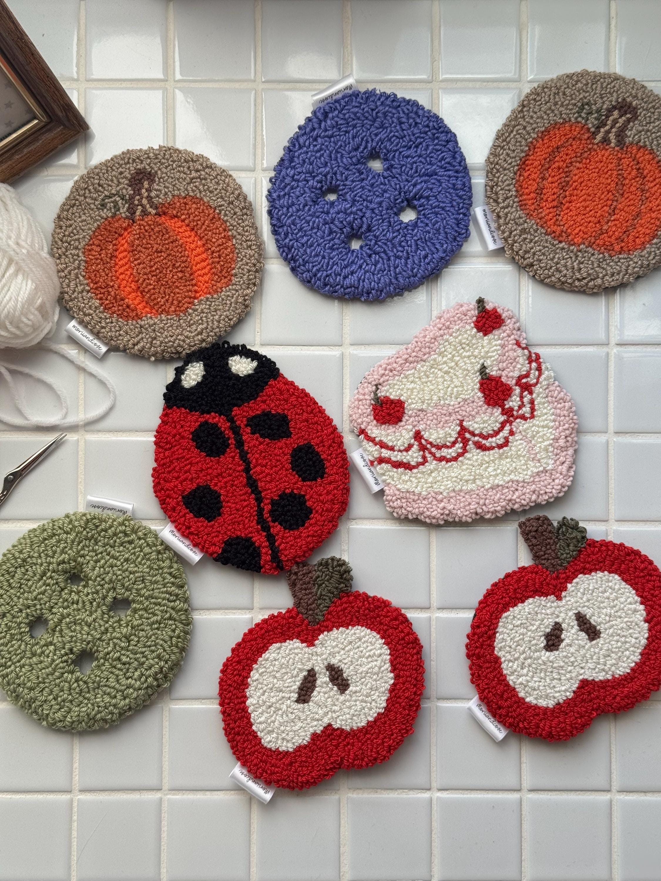 Punch needle coasters, handmade coasters, made to order, lady bug, birthday cake, button coaster