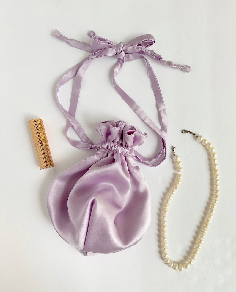 Purple clutch and evening bags - ruffled lavender silk drawstring bridal bag