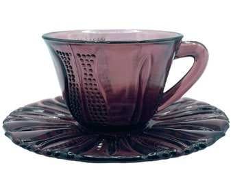 Depression Glass Cup and Saucer Dell Tulip Pattern Amethyst Colour 1930s 40s