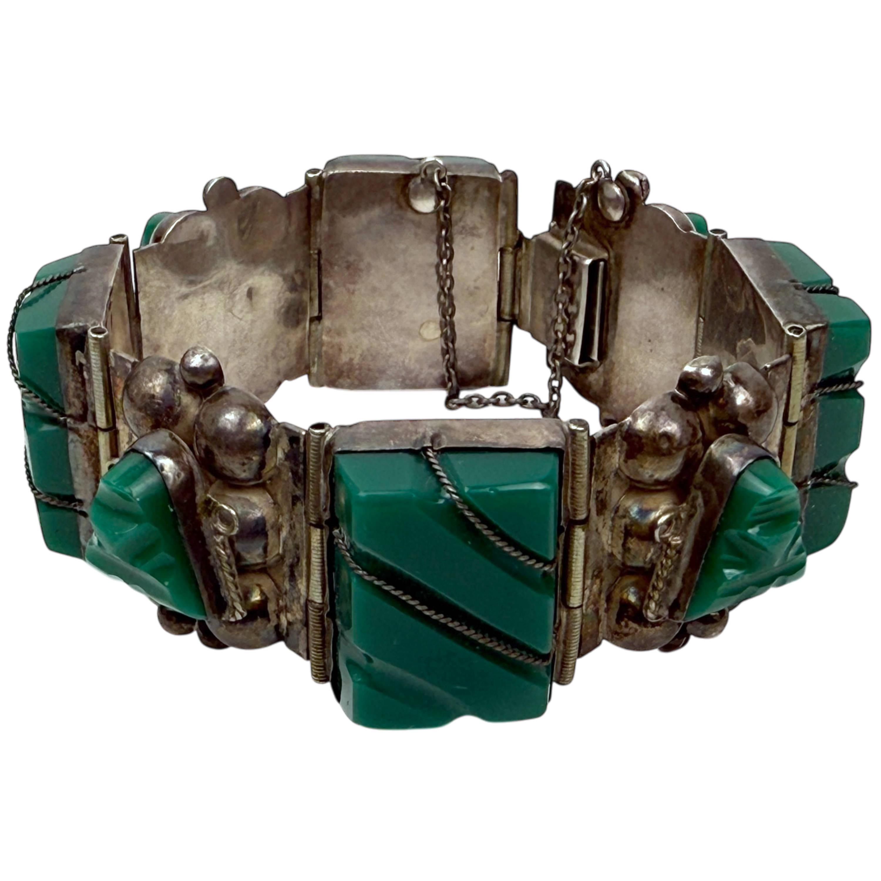 Vintage Mexican Silver Bracelet Iguala 925 W Carved Green Onyx