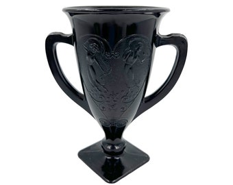 Vintage 1930s LE Smith Black Amethyst Glass Vase Loving Cup Trophy Form Dancing Nymphs