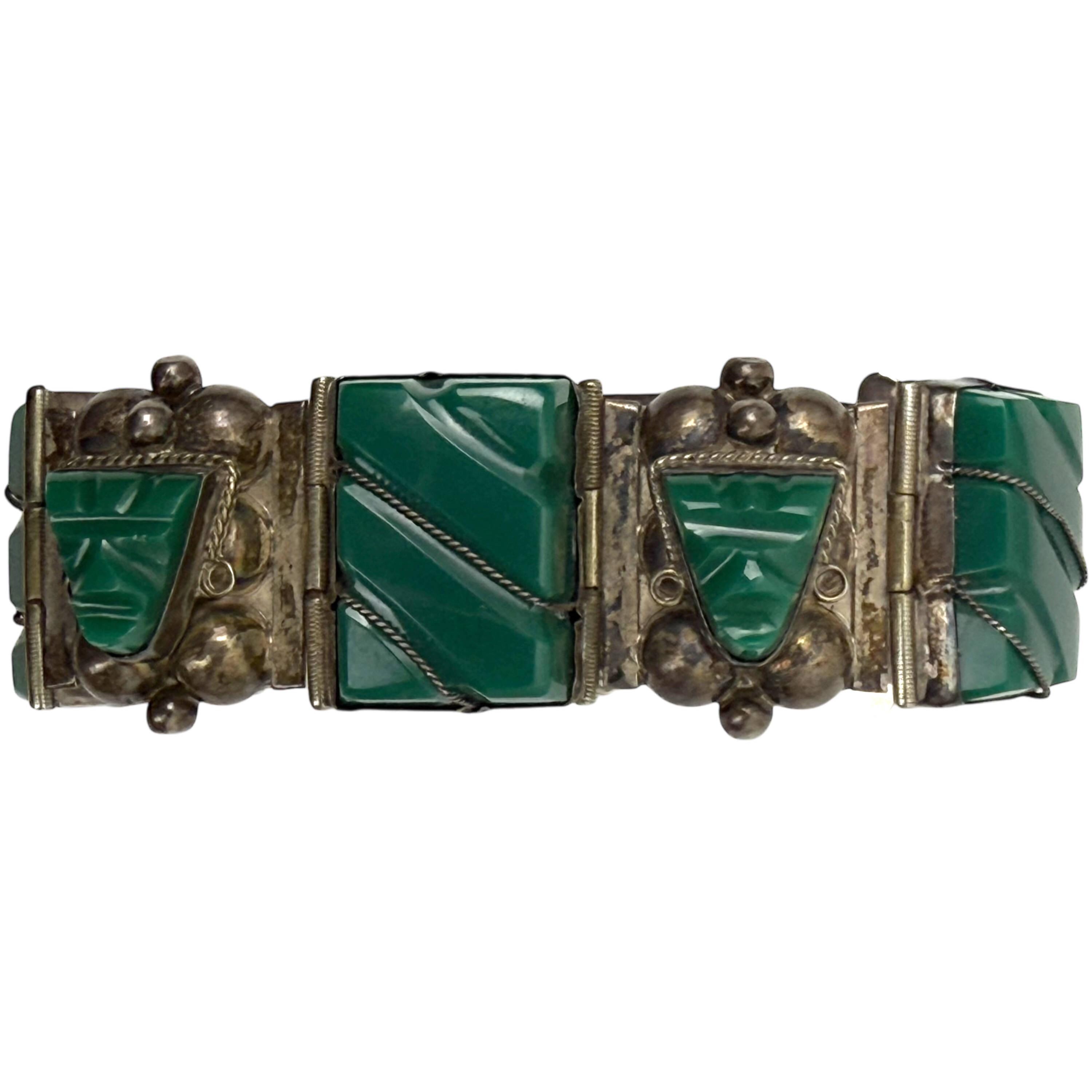 Vintage Mexican Silver Bracelet Iguala 925 W Carved Green Onyx