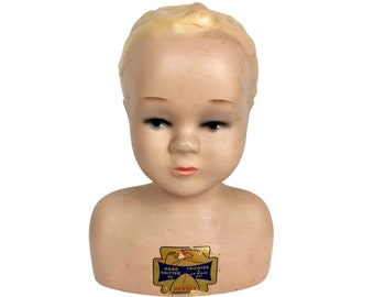Vintage 1930s 40s Mannequin Head Plaster Bust Male Child Young Boy Hersey Knitting