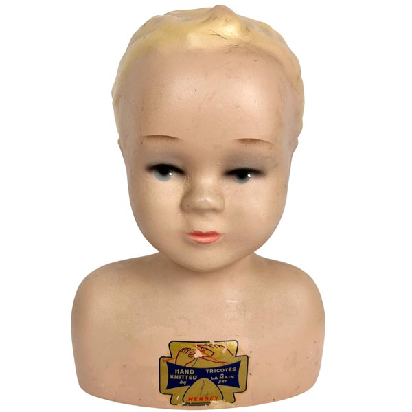 Vintage 1930s 40s Mannequin Head Plaster Bust Male Child Young Boy Hersey Knitting