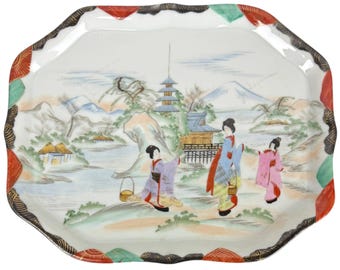 Antique Kutani Porcelain Tray Meiji Period Scenic Bijin Landscape Hand Painted Japanese Platter 14 1/4"