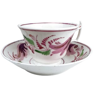 Antique 1800s Georgian China Tea Cup & Saucer Pink Lustre London Shape Hand Painted