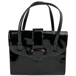 Bolso de mano italiano vintage de los años 60 en piel de charol negra Mannelli Florence - VFG