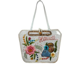 Bolso de recuerdo hawaiano vintage – Bolso de rafia plastificada bordado, años 50-60