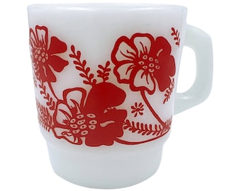 Vintage Anchor Hocking Milk Glass Mug Red Hibiscus Flower Design Stackable
