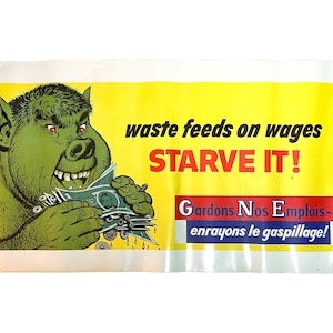 Huge Vintage 1950s Illustrated Motivational Poster Workplace Waste Sheldon Claire 28” x 54”