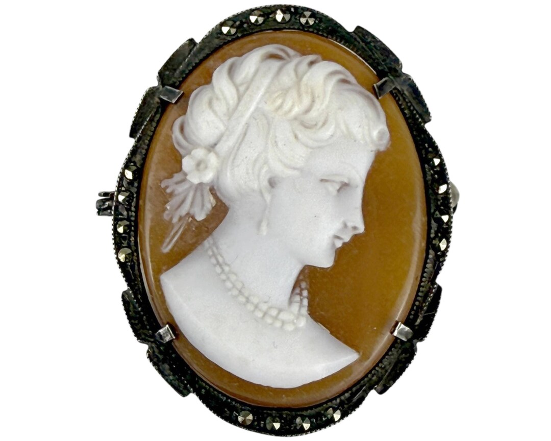 Vintage Carved Shell Cameo Pendant Brooch 800 Silver W Marcasites - Etsy