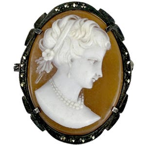 Vintage Carved Shell Cameo Pendant Brooch 800 Silver w Marcasites