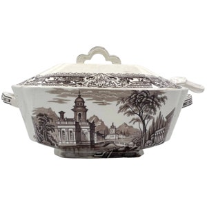 Antique Staffordshire Brown Transferware Casserole w Serving Spoon