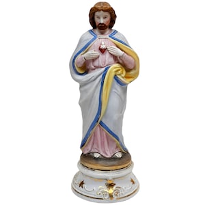Antique Jesus Statue Sacred Heart Painted Porcelain 10.75”