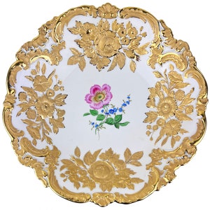 Large Vintage 1930s Meissen Porcelain Bowl Hand Painted Gold & Polychrome Flowers