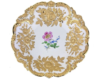 Large Vintage 1930s Meissen Porcelain Bowl Hand Painted Gold & Polychrome Flowers