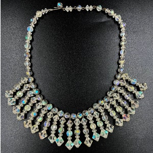 Vintage Crystal Glass Choker Necklace w Dangle Front Faceted Clear Reflective Beads VFG