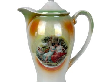 Antique Lustre Porcelain Coffee Pot Romantic Bilitis Scene Cupid German c 1900