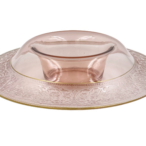 Art Deco Elegant Glass Centrepiece Console Bowl Wide Rolled Etched Rim Pink 13.25”