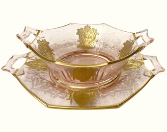 Art Deco Indiana Glass 602 Mayonnaise & Liner w Indiana Dancer Gold Encrusted Cameo Etch