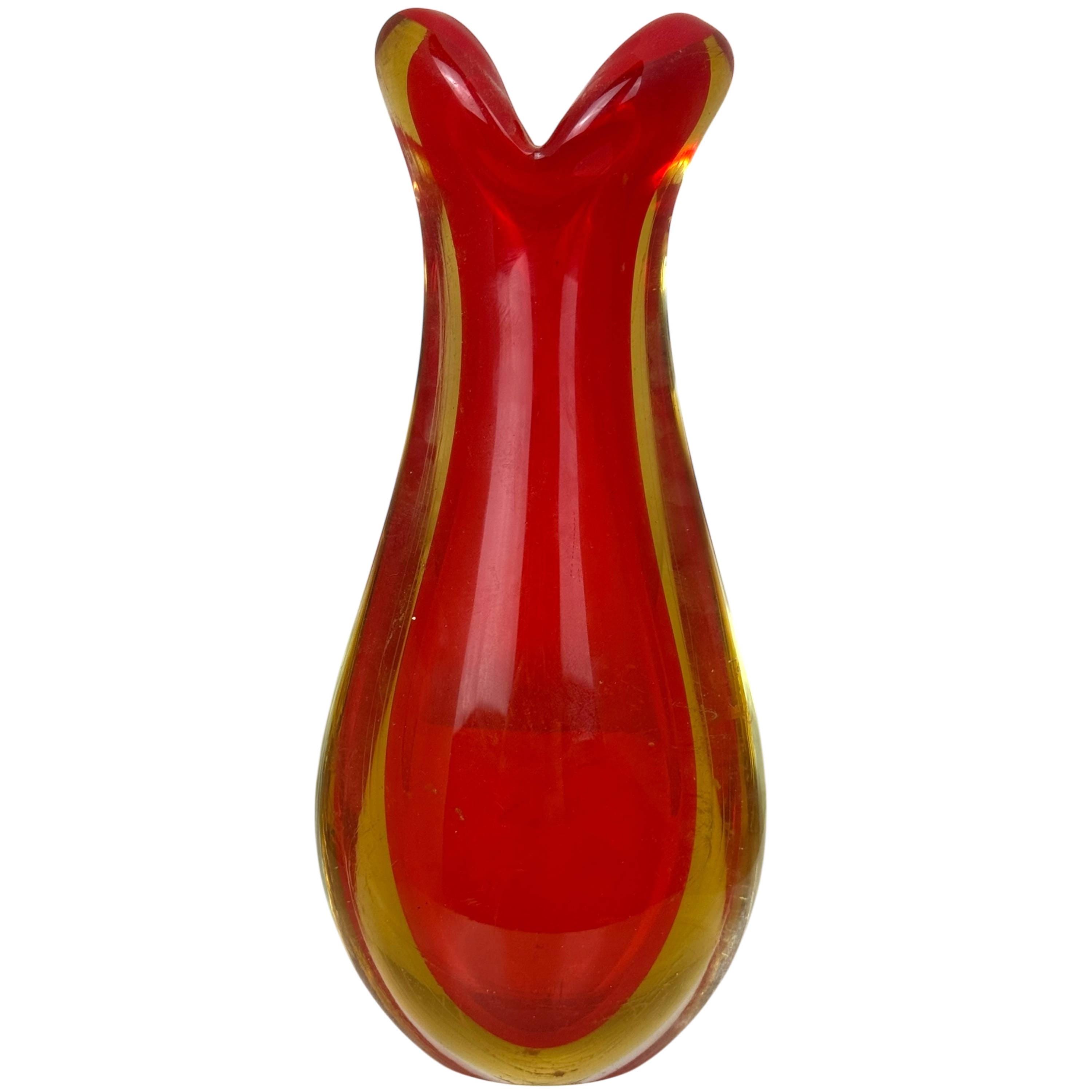 ムラーノ・ソメルソの赤と黄色のガラスの花瓶（フラヴィオ・ポリ作