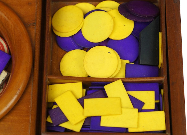 Antique Chinese Game Counters 34 MOP Disks Plus 195 Coloured Chips with Wood Box