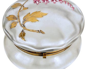 Antique Frosted Glass Dresser Box Enamelled Pink Floral & Gilt Decoration c.1900 6.5"