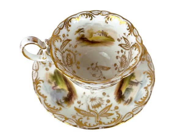 Antique Coalport Porcelain Cup & Saucer Hand Painted Landscape