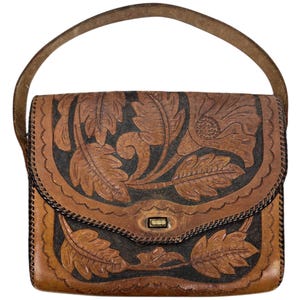 Vintage 1950s 60s Southwestern Hand Tooled Leather Handbag Purse Flowers & Leaves