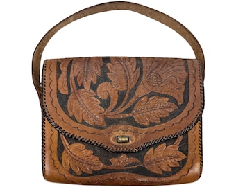 Vintage jaren 50/60 zuidwestelijke handgemaakte leren handtas portemonnee bloemen en bladeren