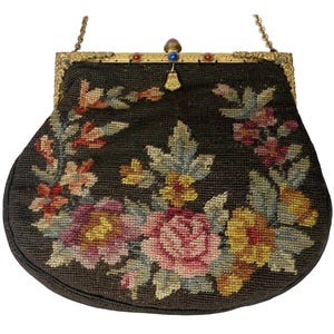 Vintage 1920s Floral Petit Point Purse with Jewelled Frame – Dark Brown Needlepoint Handbag