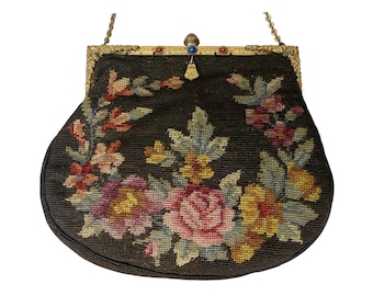 Vintage 1920s Floral Petit Point Purse with Jewelled Frame – Dark Brown Needlepoint Handbag