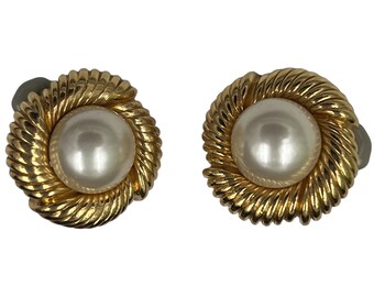 Boucles D'Oreilles Clips Vintage Nina Ricci - Doré Avec Fausse Perle Et Nœud, Occasion Très Bon État