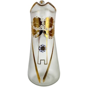 Antique Bohemian Satin Glass Pitcher Enamel Flowers with Gold Geometric Pattern Moser Riedel