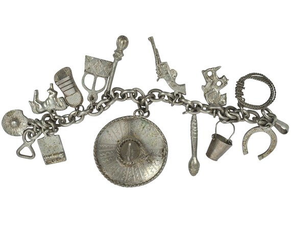 Vintage Mexican Silver 13 Charm Bracelet 1950s Sou