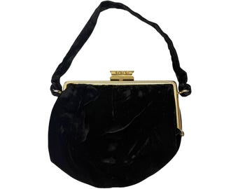 Bolso de mano vintage de terciopelo negro de los años 50 con marco dorado - Eclipse Products