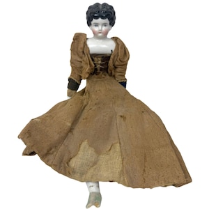 Antique 19th Century China Head Doll with Original Dress – Black Hair & Glazed Porcelain