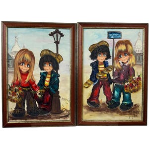 1974 Vintage Big Eyes Girl & Boy Painting Pair by Y Yenele Montamartre Paris Framed 12.75” x 18”