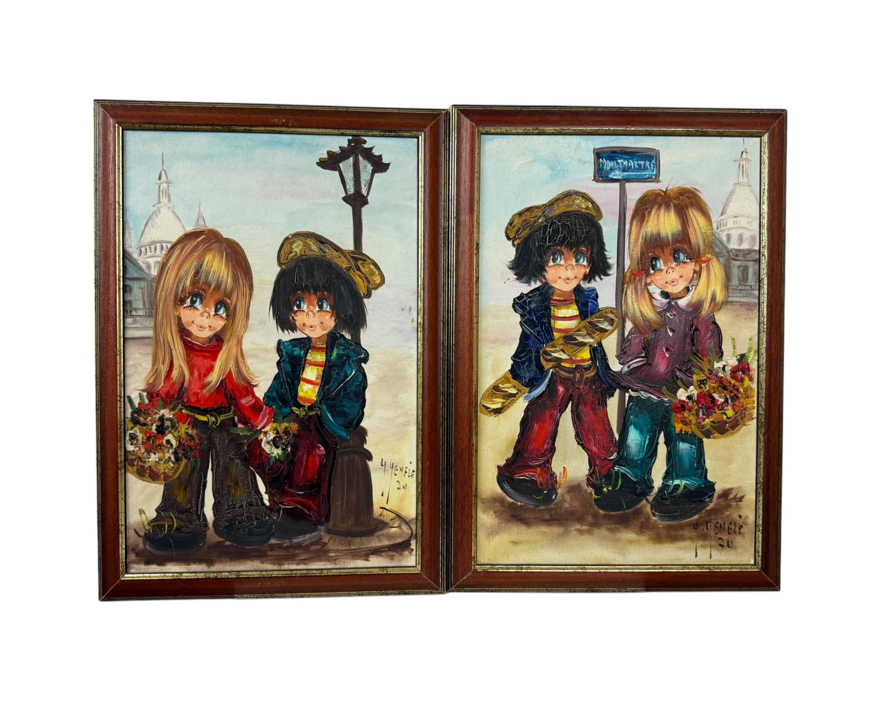 1974 Vintage Big Eyes Girl & Boy Painting Pair by Y Yenele
