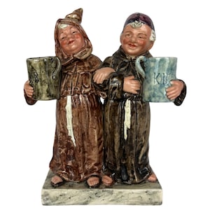 Antique Austrian Majolica Figurine Monks w KB Beer Steins Advertising Match Holder