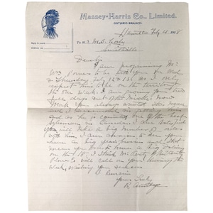 Carta antigua de Massey Harris de 1908, llamada de ventas, original y auténtica