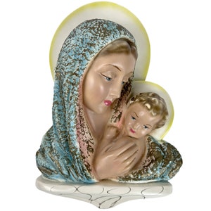 Vintage Chalkware Madonna & Child Jesus Plaster Wall Hanging 14”