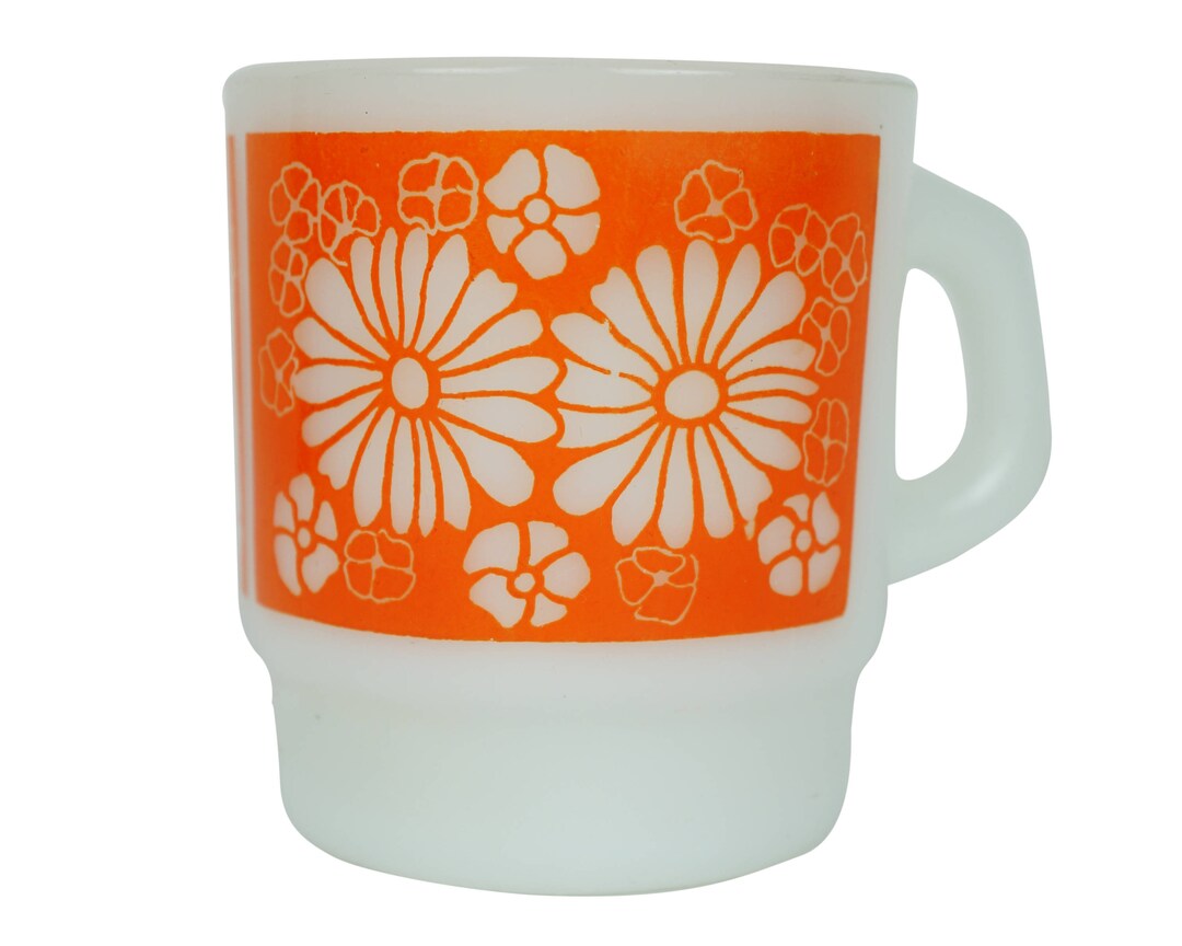 Vintage Anchor Hocking Fire King Glass Mug Orange Daisy Design Etsy
