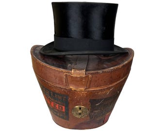 Antique Silk Top Hat w Victorian Leather Travel Case Christys’ London Size 7