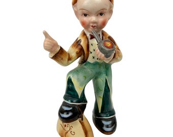 Art Deco Comic Pipe Boy Figurine – 1930s Japanese Hand Painted Ceramic Export Figure 8 1/4”