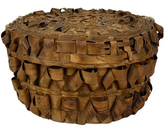 Antique Wabanaki Curly Splint Basket Lidded Sweetgrass Trim Penobscot Passamaquoddy c1900