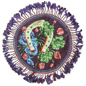 Vintage Hungarian Folk Embroidered Round Doily – Horseshoe & Clover Motif w Fringed Edge