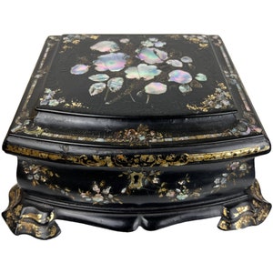 Antique Victorian Black Lacquer Box Mother of Pearl Inlaid Papier Mache